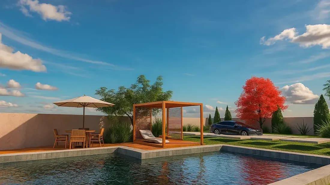 Projeto 3D da Desecad de área de lazer com piscina e pergolado de madeira, imóvel de médio e alto padrão