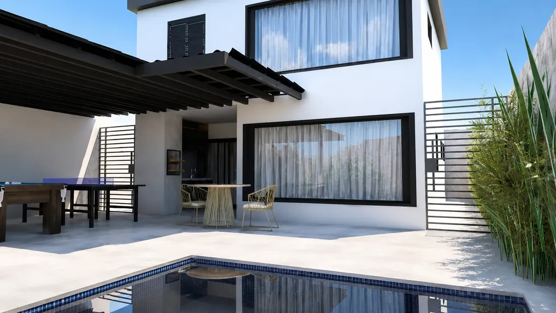 Projeto 3D da Desecad de casa de dois pavimentos com piscina e área gourmet, imóvel residencial em São Paulo
