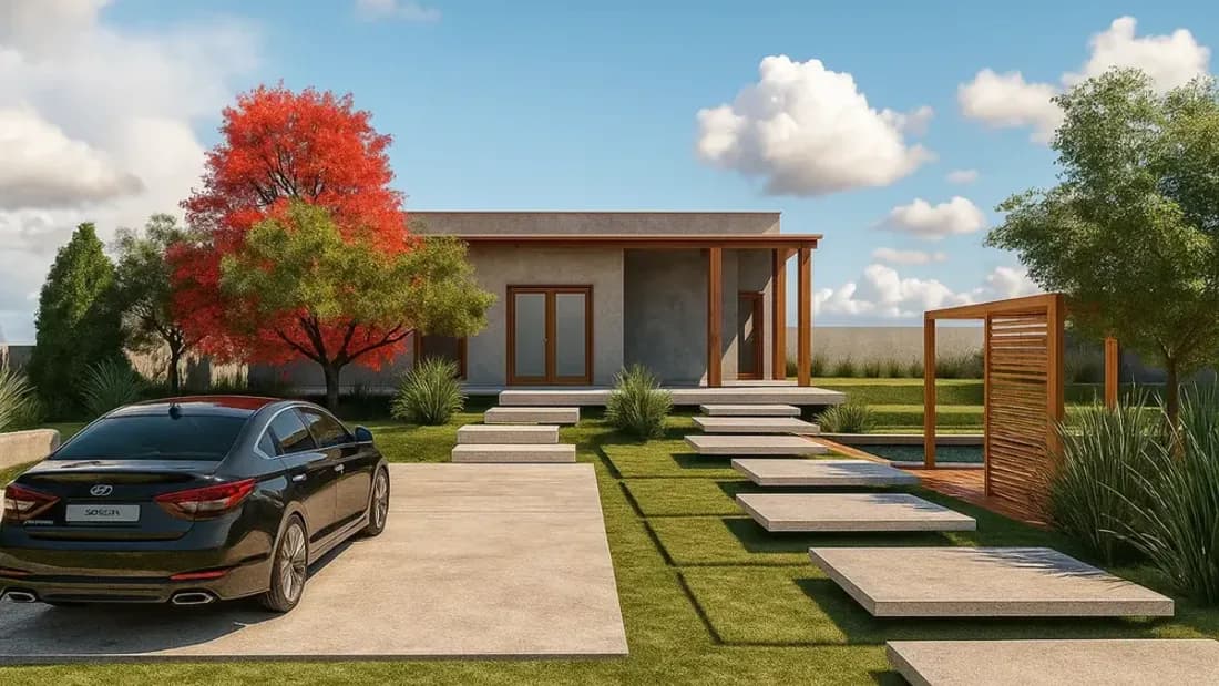 Projeto 3D da Desecad de casa térrea com jardim e garagem, imóvel cuja área construída entra no cálculo do IPTU