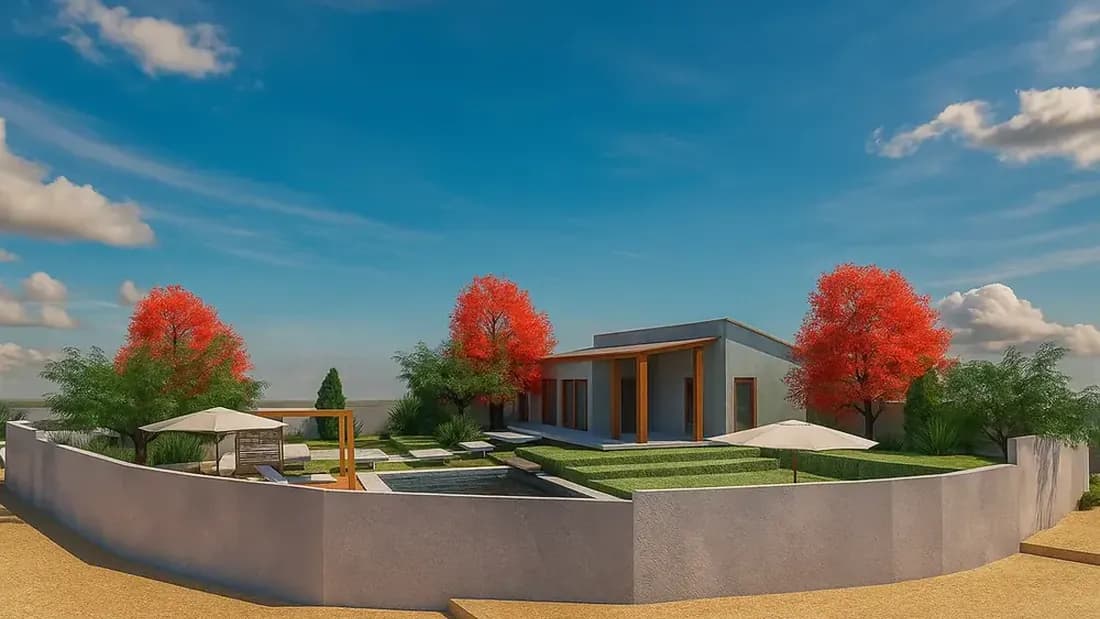 Projeto 3D da Desecad de casa térrea em terreno amplo com muro e jardim, obra planejada com financiamento