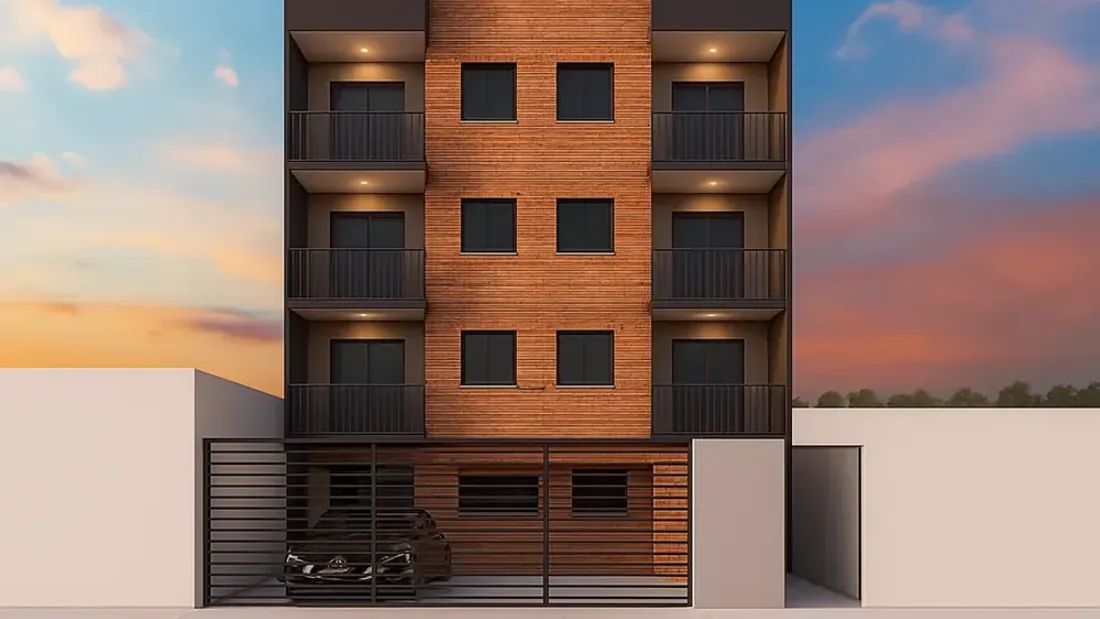 Projeto 3D da Desecad de prédio residencial em tijolo aparente, construção que precisa ser averbada na matrícula do imóvel