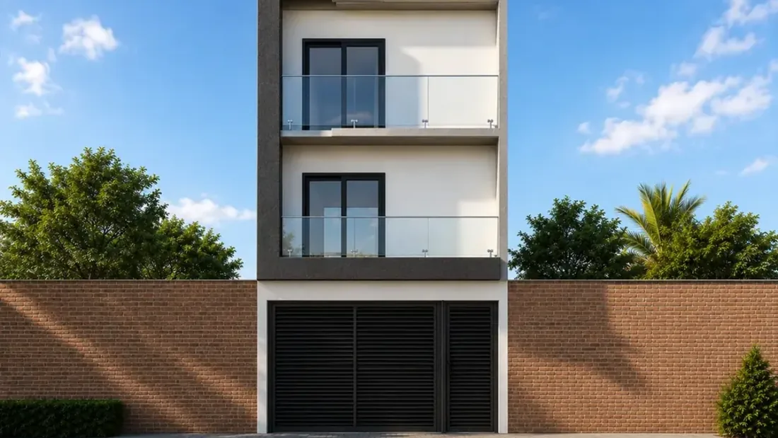Projeto 3D da Desecad de sobrado residencial de três pavimentos com garagem, tipo de imóvel comum em processos de regularização em São Paulo