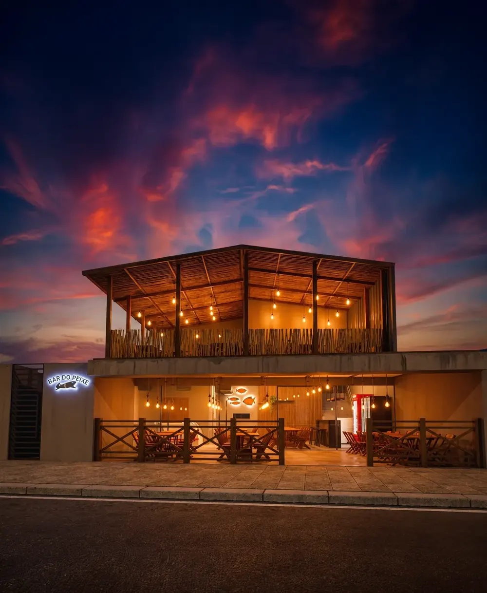 Projeto 3D da Desecad: bar e restaurante de dois pavimentos iluminado à noite