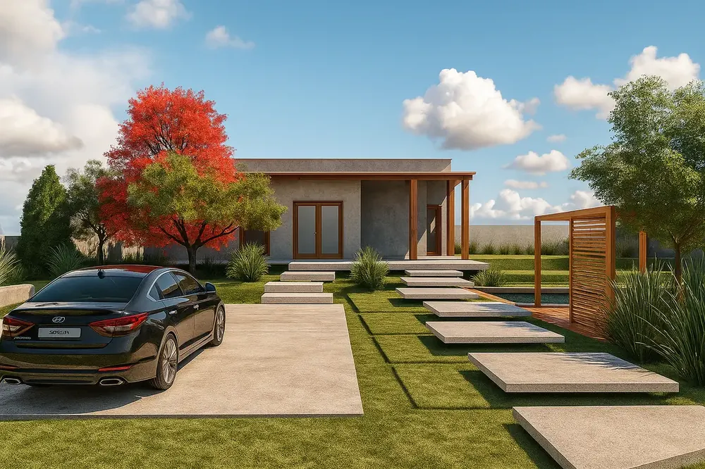 Projeto 3D da Desecad: casa térrea com jardim, caminho de pedras e garagem descoberta