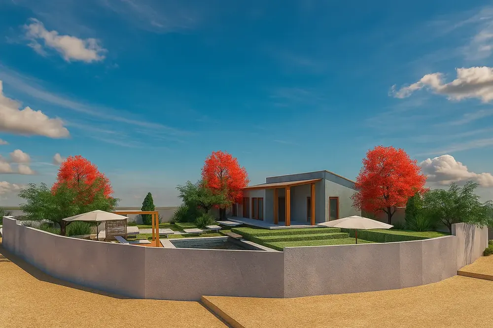 Projeto 3D da Desecad: casa térrea com jardim amplo, árvores e muro de contorno
