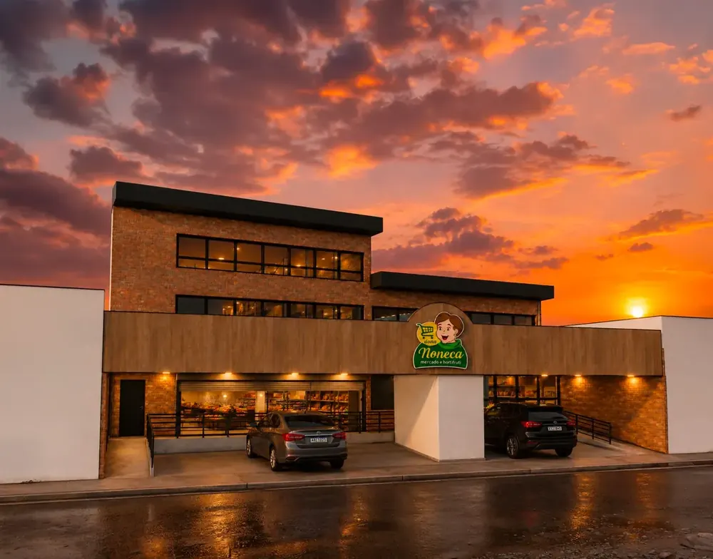 Projeto 3D da Desecad: fachada comercial de restaurante em tijolo aparente ao entardecer
