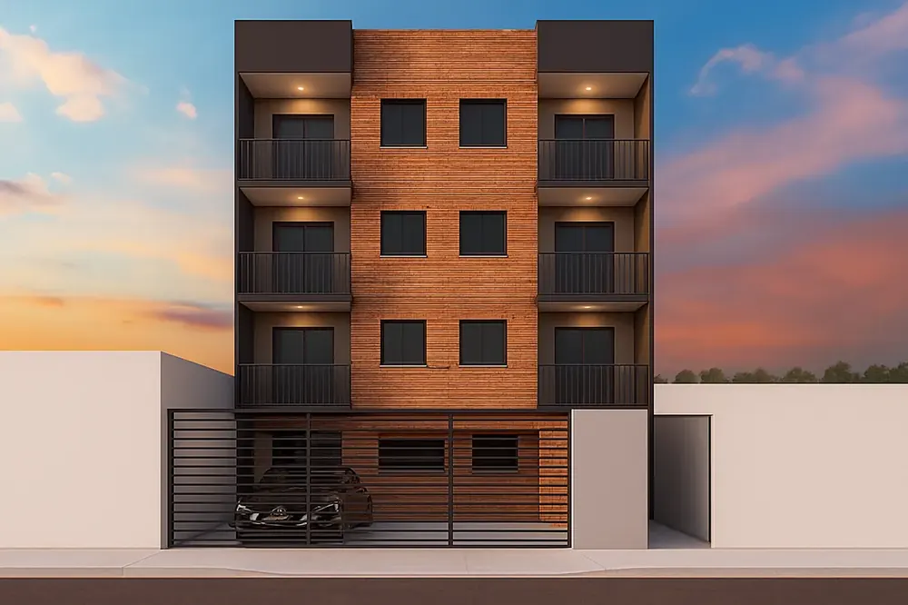 Projeto 3D da Desecad: prédio residencial de quatro pavimentos em tijolo aparente com sacadas