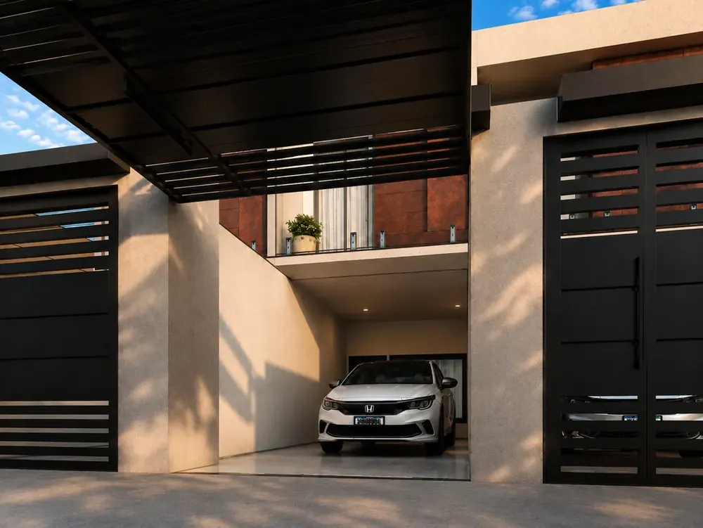 Projeto 3D da Desecad: entrada de sobrado com garagem coberta e portões ripados
